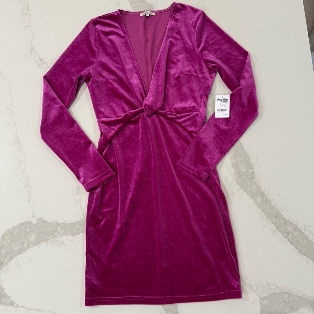 Y2K Charlotte Russe NWT Velour LongSleeve Plunge Mini Dress Womens Small Magenta - Picture 1 of 7